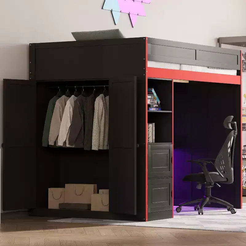 Twin/Full Gaming Loft Bed with Desk, Storage & LED Lights, Wood Bed Frame, Black - ModernLuxe
