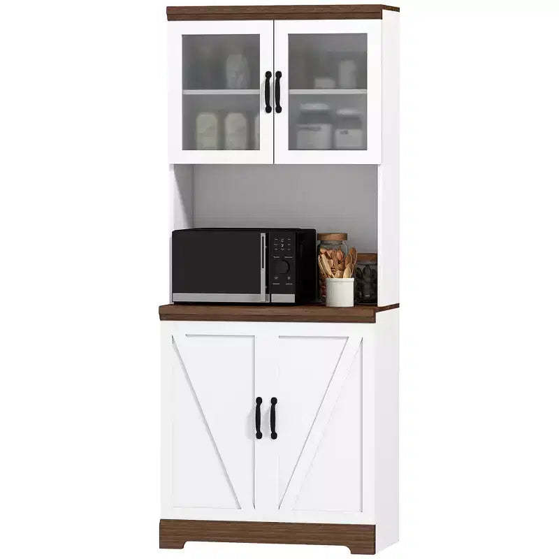 70 Farmhouse Pantry Cabinet, Kitchen Hutch Storage Cabinet with Glass Doors, Adjustable Shelves, Open Microwave Countertop