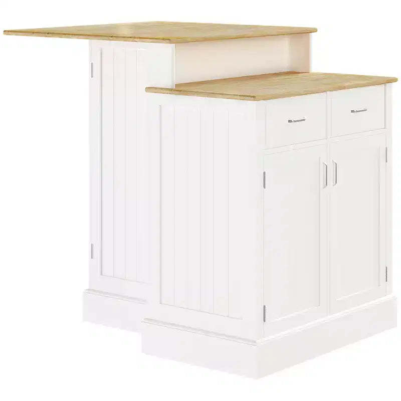 Kitchen Island with 2-Level Rubber Wood Tabletop, Island Table with Adjustable Shelves and Drawers