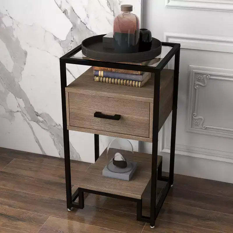 COZONY Nightstand End Table with Tempered Glass Top, Wood Drawer, Adjustable Legs, Bedside Table for Bedroom Living Room
