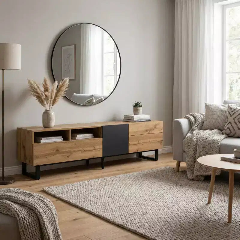 JVNOXK 70.90-inch Modern Entertainment Center TV Stand accommodates 80-inch TVs, featuring dual-level storage compartments, Wood