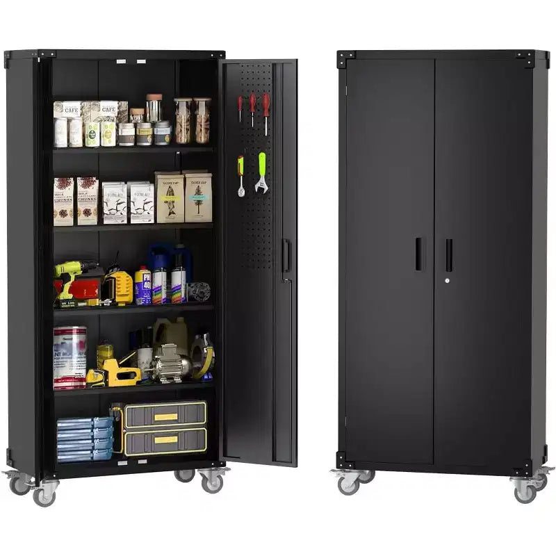 Metal Storage Cabinet with Wheels, Lockable Steel Garage Cabinet with Pegboard & 4 Adjustable Shelves, Deep Black