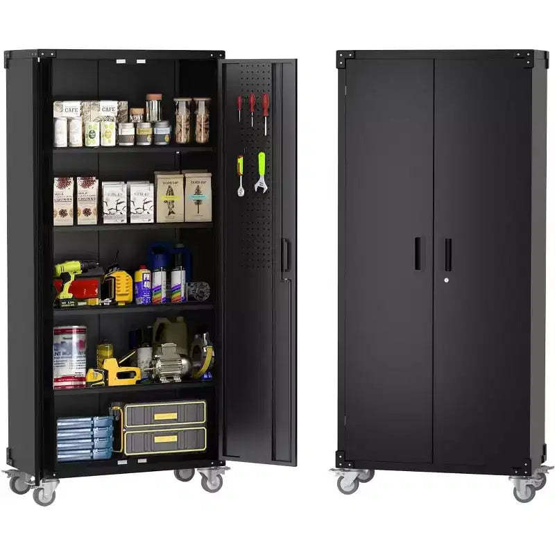 Metal Storage Cabinet with Wheels, Lockable Steel Garage Cabinet with Pegboard & 4 Adjustable Shelves, Deep Black