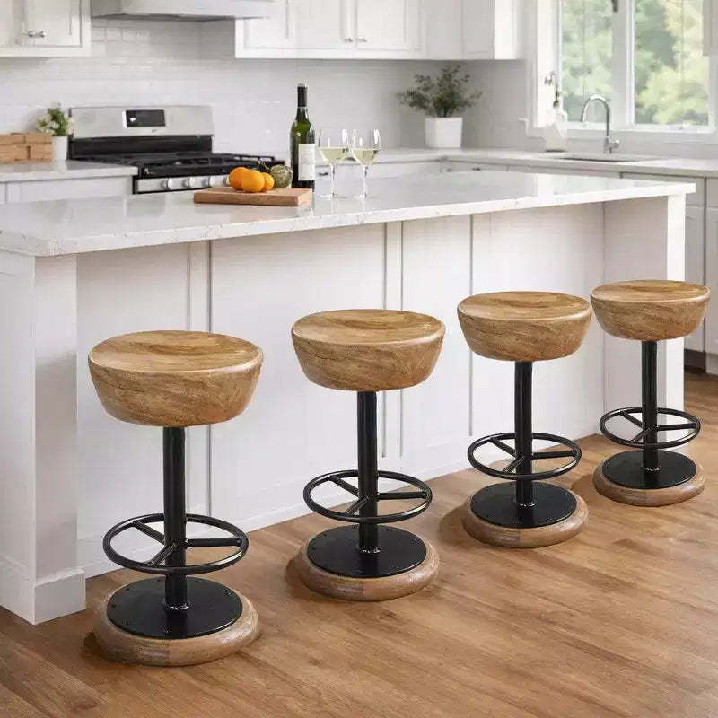 Royal Hampton Rustic Charm Swivel Counter Bar Stool 24 Inch Handcrafted, Brown Mango Wood Round Seat, Black Iron Base with Footrest