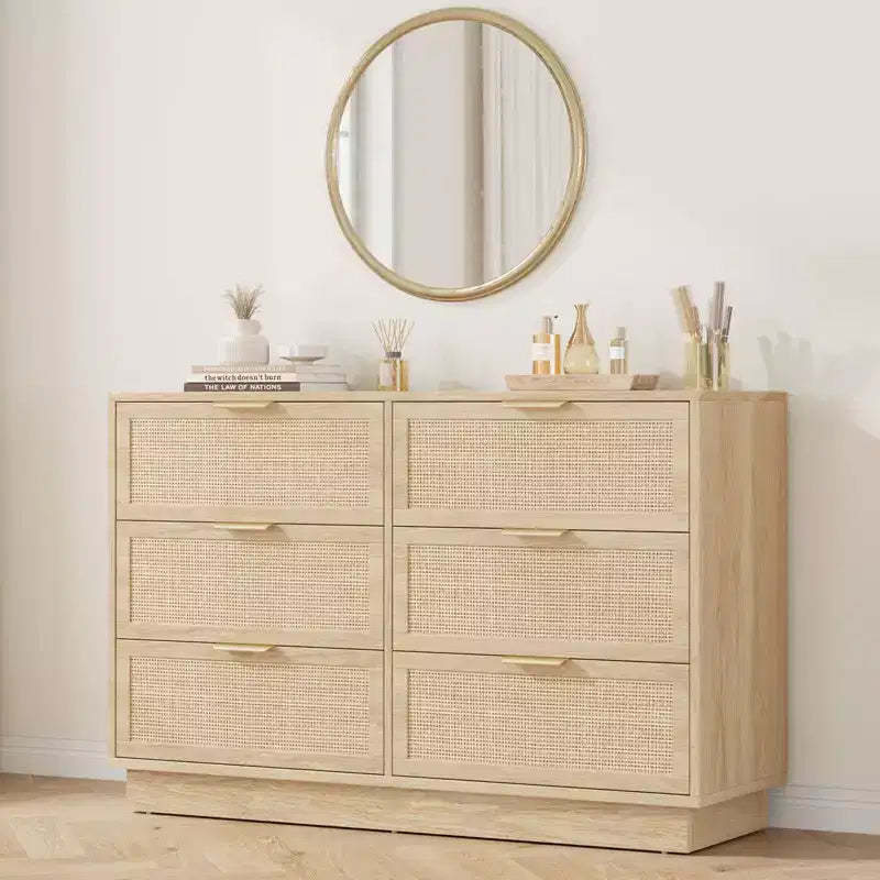 Rattan 6 Drawer Dresser, 47in Wide Natural Oak 6 Chest of Drawers with Metal Handles and Wooden Sturdy Base for Bedroom Living Room Nursery