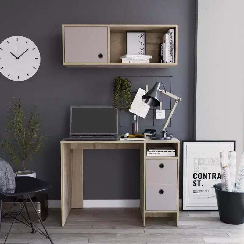 GDFStudio Esme Modern Office Desk and Wall Cabinet Set with 2 Drawers, 1 Door and 1 Open Shelf