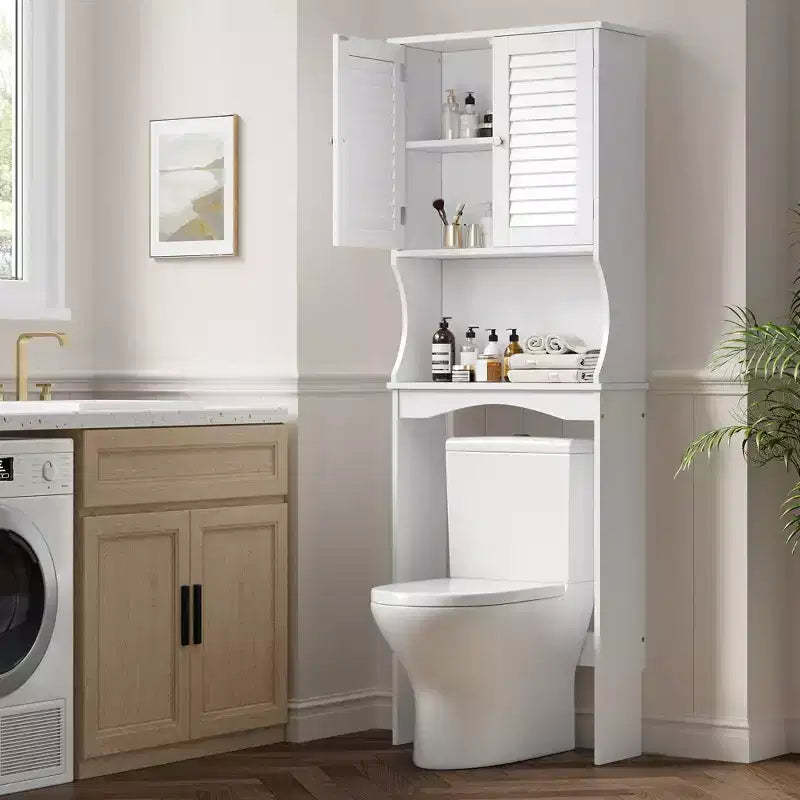 Acekool Over The Toilet Bathroom Cabinet, Adjustable Shelf, Louvered Doors, Anti-Tip, Water-Resistant, White, for Small Bathrooms