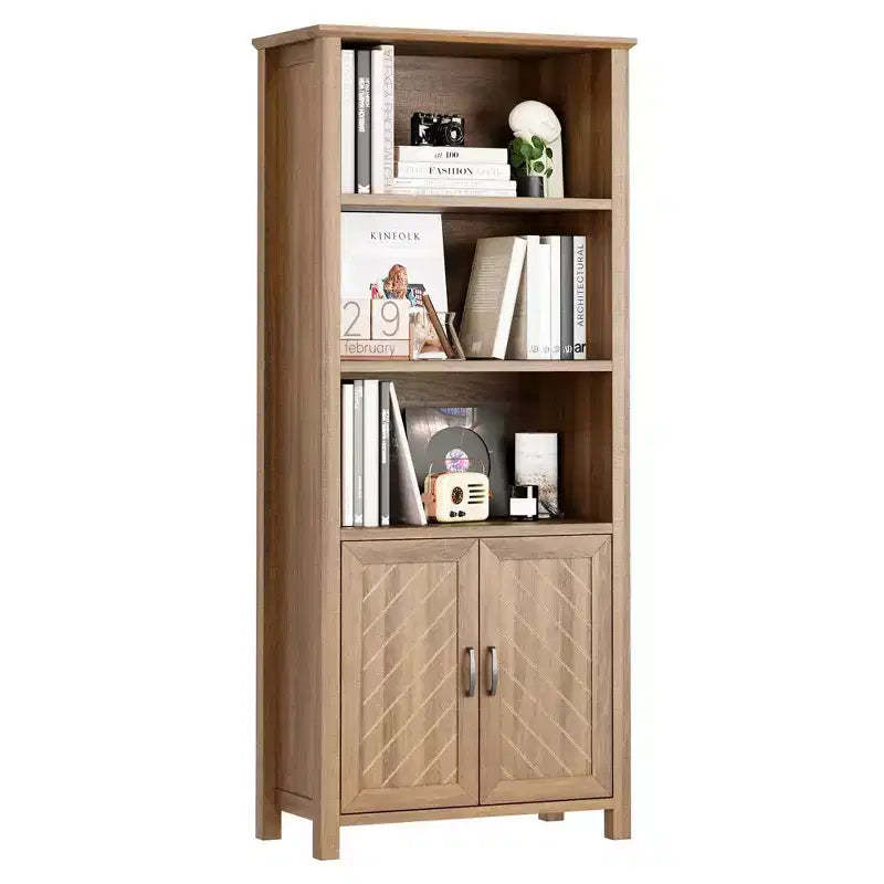 70 Inch Tall Bookshelf 5 Tier Bookcase with Barn Doors and Adjustable Shelves, Walnut Farmhouse Book Shelf with Storage Cabinet