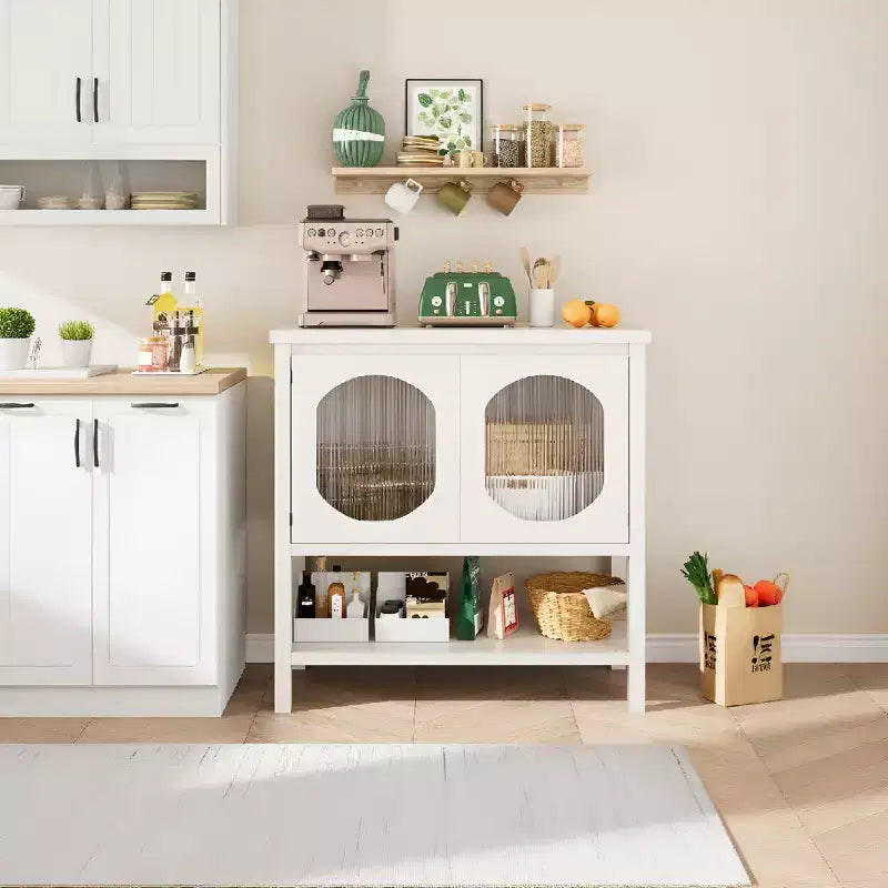 Modern Coffee Bar Cabinet with Storage Function, White Console Table with Fluted Glass Doors and Open Shelves, Buffet Sideboard for Entryway, Kitchen