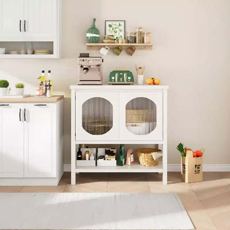 Modern Coffee Bar Cabinet with Storage Function, White Console Table with Fluted Glass Doors and Open Shelves, Buffet Sideboard for Entryway, Kitchen