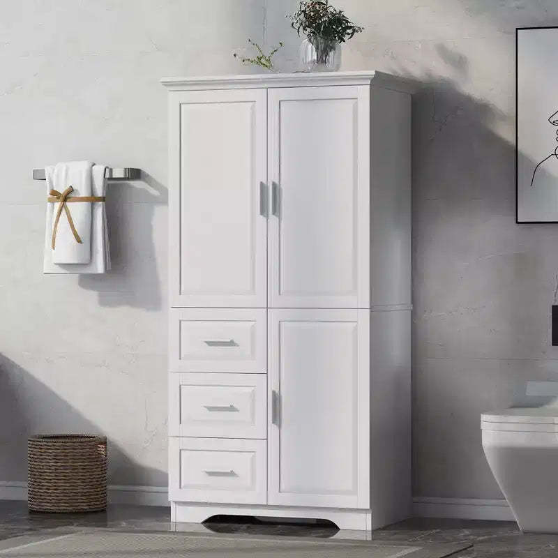 Tall and Wide Storage Cabinet with Doors for Bathroom/Office Three Drawers White