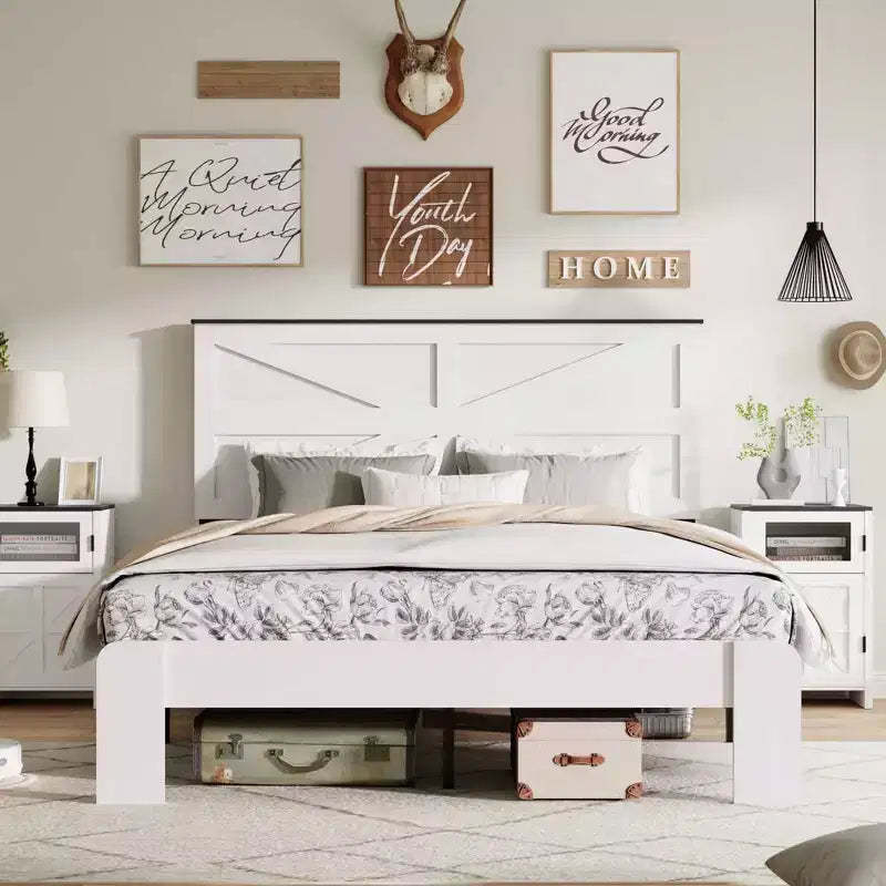 Okak Natural Style All Size Bedroom Platform Bed with Farmhouse Wood Headboard,Modern Bed Frame No Box Spring Needed