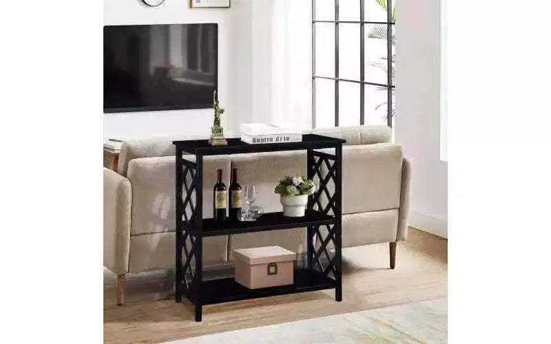 Okak Modern Console Table with 3-Tier Open Storage Shelves, Entryway Table with Solid Wood Legs, Accent Table for Living Room, Black