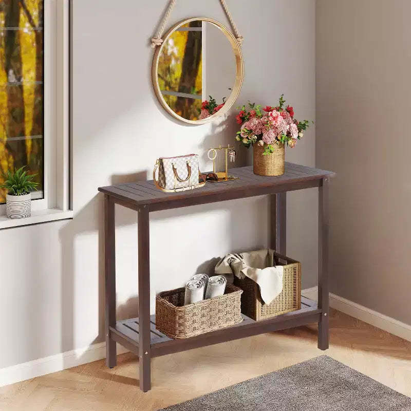 Okak Vintage Wooden Console Table with Bottom Shelf, Entryway Table with Stripe Design, Accent Table for Living Room, Hallway, Brown