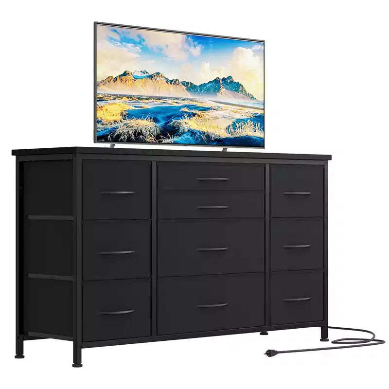 Dresser for Bedroom w/6 Drawers, Wide Fabric Dresser TV Stand for 55 TV w/Metal Frame, Wooden Top, Fabric Storage Organizer for Livingroom