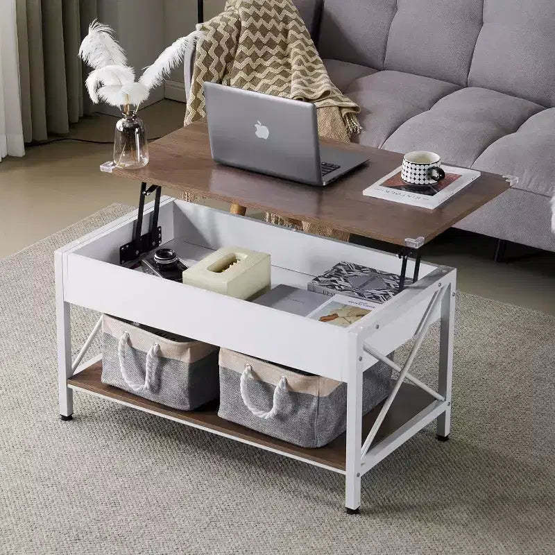 VINGLI 36 Lift Top Coffee Table with Cloth Storage Bins, Farmhouse Coffee Tables for Living Room, White Walnut