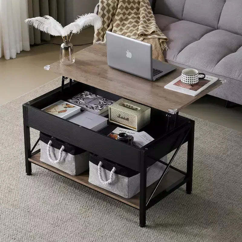 VINGLI 36 Lift Top Coffee Table with Cloth Storage Bins, Farmhouse Coffee Tables for Living Room, Black & Gray