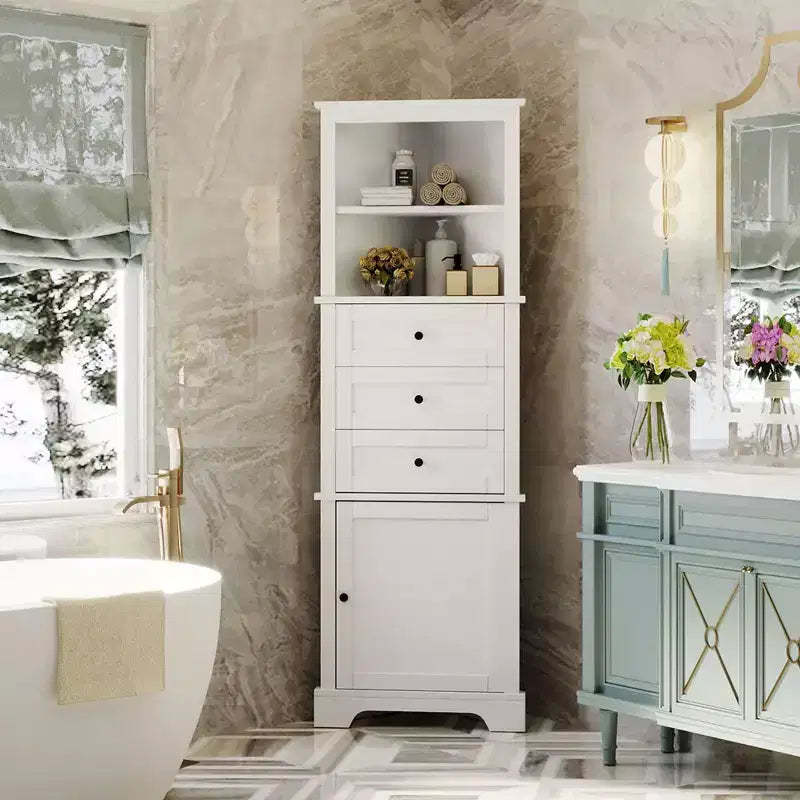 White Triangle Tall Cabinet with 3 Drawers and Adjustable Shelves for Bathroom Kitchen or Living Room