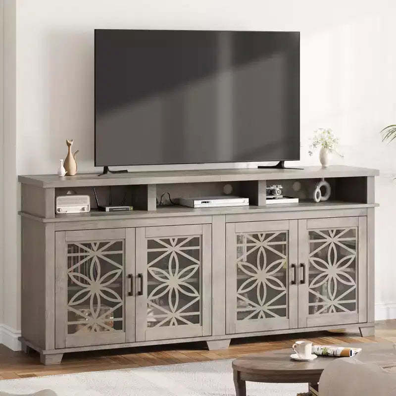 Mid Century Modern Entertainment Center with LED Lights & Glass Doors, Ash Grey Wooden Media Console Cabinet with Storage for Living Room Bedroom