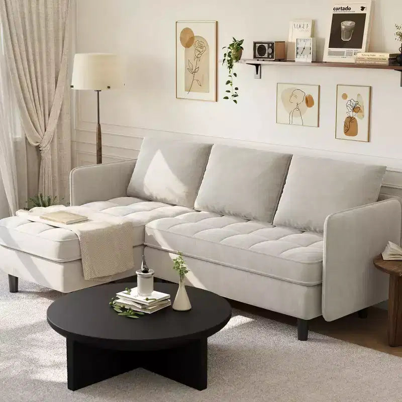 L Shape Sofa Couch, 76 Inch Chenille Sectional Sofa with Storage, Small Couch for Living Room Apartment, Beige