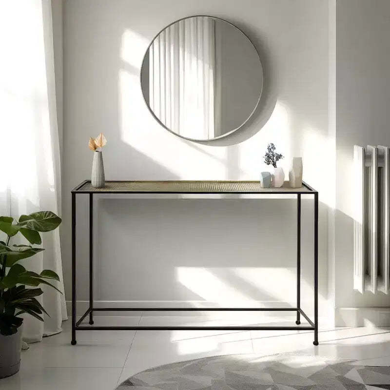 Royal Hampton 48 Inch Console Sofa Table, Artisanal Hammered Antique Bronze Tray Top, Industrial Black Iron Frame