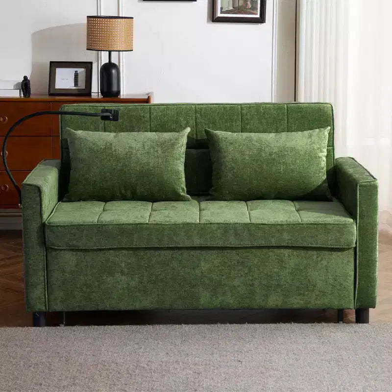 MAYEERTY 56.9 Inch Loveseat Pull Out Sleeper Sofa Bed with Reversible Backrest Cushion Side Pockets Phone Holder for Living Room Green