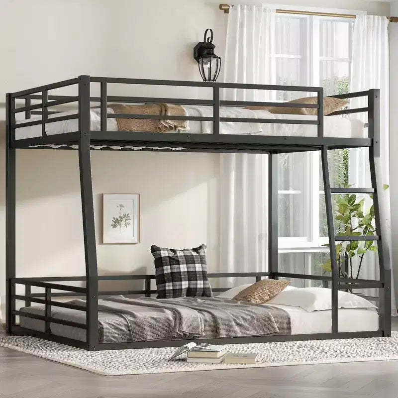 Bellemave Full XL Over Queen Metal Bunk Bed for Adults & Teens, Heavy Duty Space-Saving Frame, Guardrails, Noise-Free, No Box Spring, Black