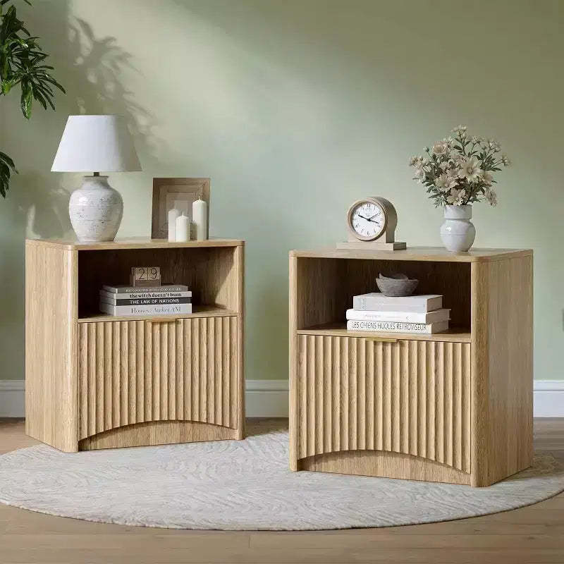 Fluted Nightstand, Natural Oak Bedside Table with Drawer and Open Storage, 22.8in Wide Modern Night Stand for Bedroom