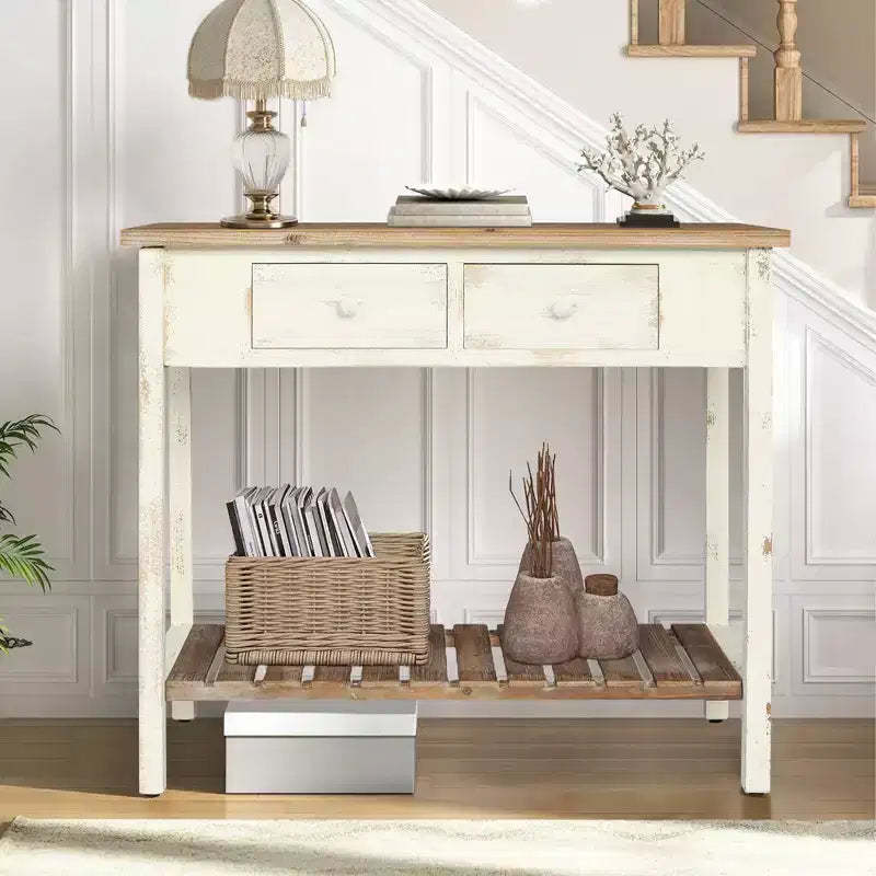 GDFStudio Schultz Rustic Fir Wood Console Table with 2 Drawers and 1 Open Lower Shelf