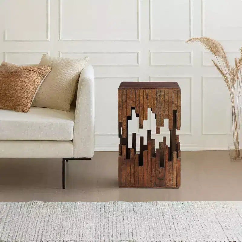 Royal Hampton 24 Inch Accent Side End Table, Brown Acacia Wood, Slatted Square Top, Handcrafted Abstract Silhouette
