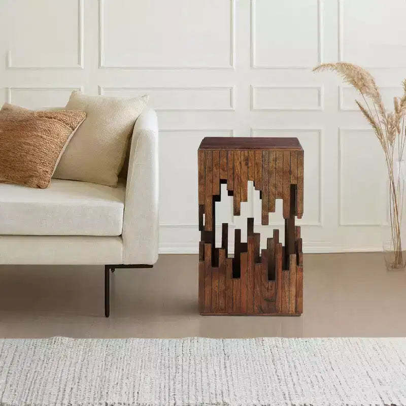 Royal Hampton 24 Inch Accent Side End Table, Brown Acacia Wood, Slatted Square Top, Handcrafted Abstract Silhouette