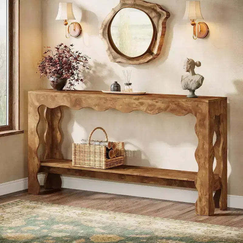 Lantine 63 Entryway Table, 2-Tier Console Table with Scalloped Legs, Rustic Sofa Table Behind Couch for Hallway, Living Room