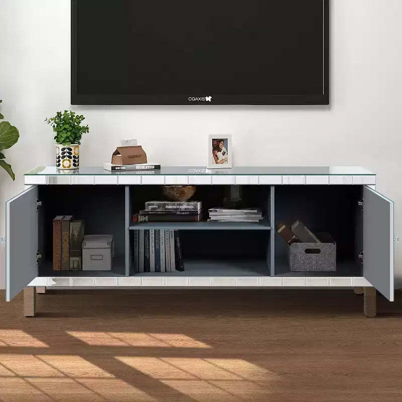 TV Stand for TVs Up to 50 Inches, Mirror Media Center Console Table, Entertainment Center with Diamond Glass Doors