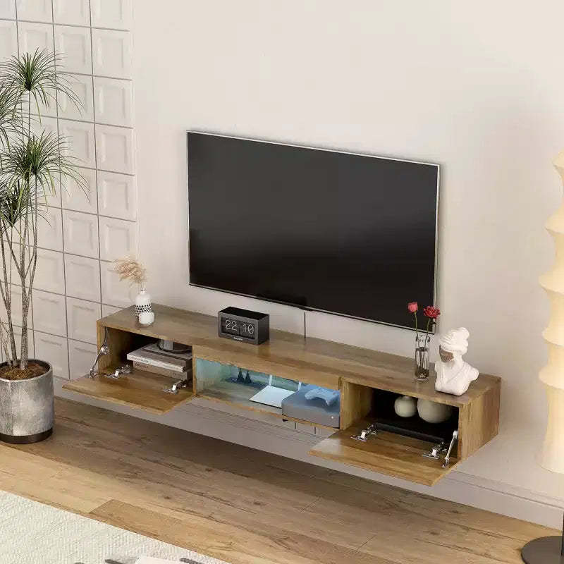 Floating TV Stand, Wall Mounted TV Shelf with 16 LED Lights & Power Outlet, Wall Mounted Console Table