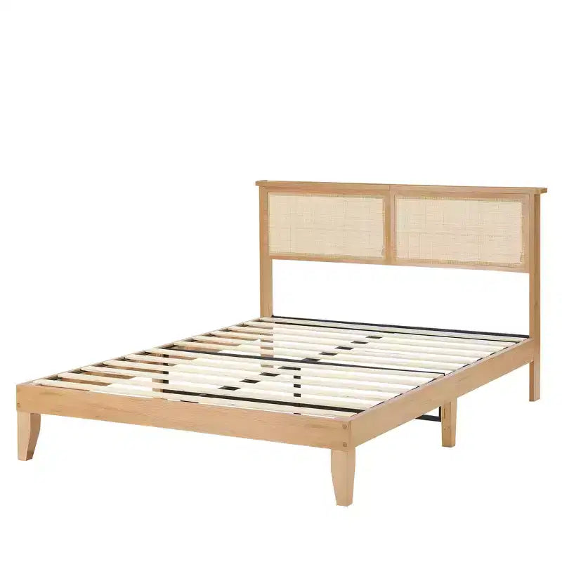 Arched Rattan Wooden Bed Frame with Headboard & Footboard, Modern Wingback Headboard with Strong Wooden Slats Support, No Box Spring Needed
