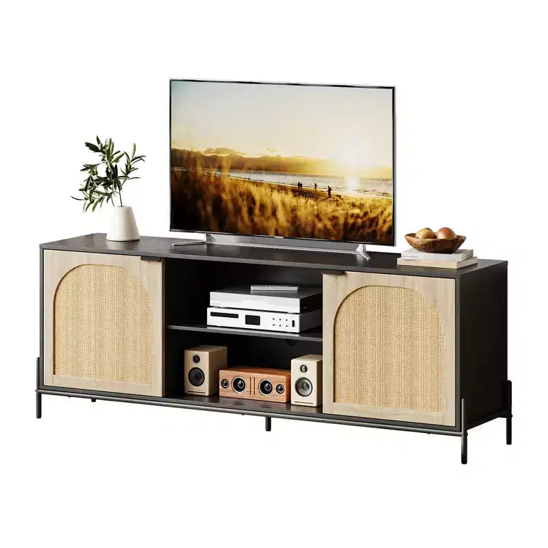 Rattan TV Stand for 75 Inch TV - 65 Inch Entertainment Center with Storage TV Console with Adjustable Shelf Media Console Cabinet with 2 Doors