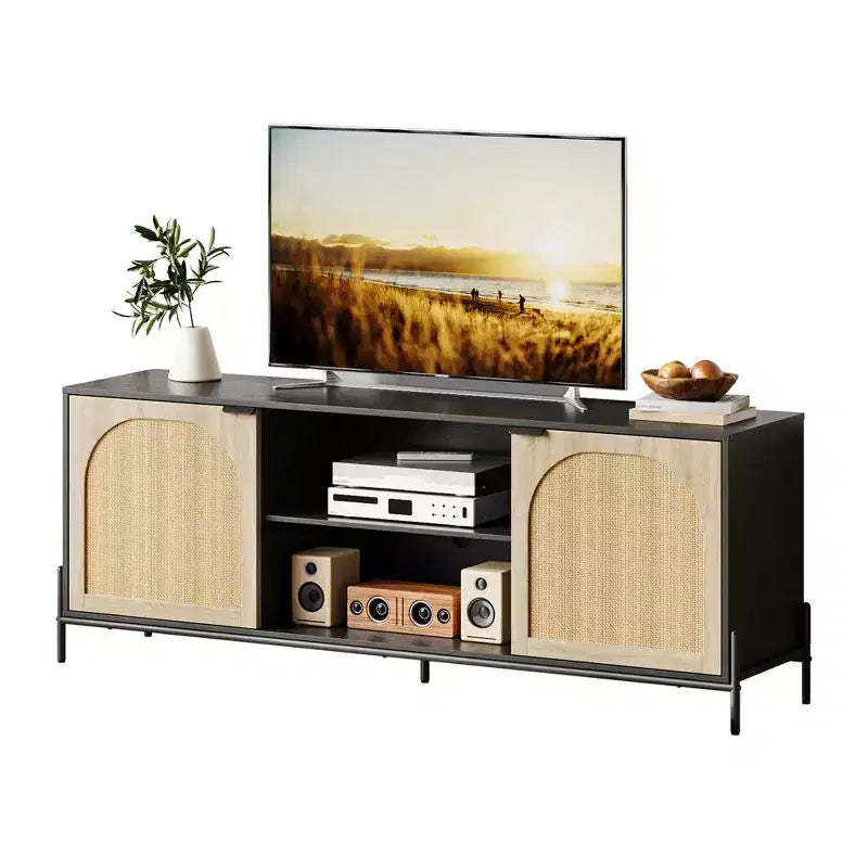 Living room TV cabinet with three drawers, entertainment centre with storage functionality, rattan media unit with metal legs