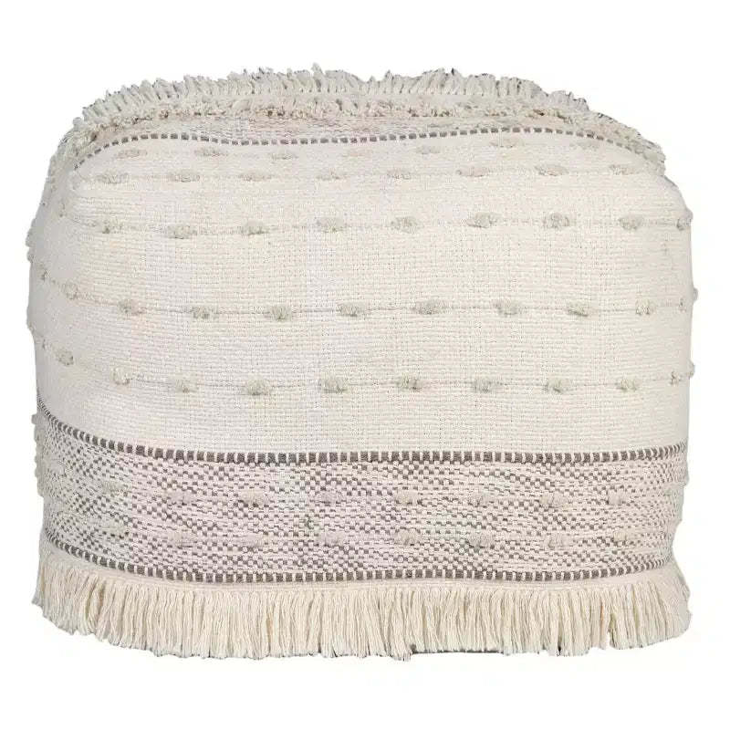HomeRoots 18 Cream Cotton Striped Pouf Ottoman