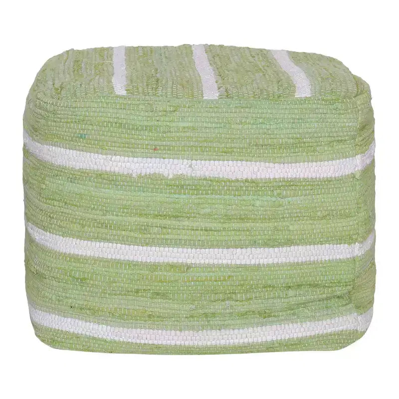 HomeRoots 18 Green And White Cotton Cube Striped Pouf Ottoman