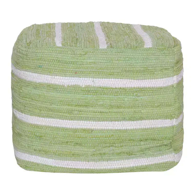 HomeRoots 18 Green And White Cotton Cube Striped Pouf Ottoman