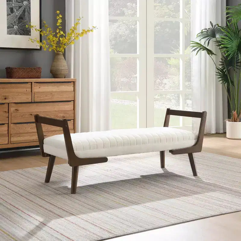 GDFStudio Indra Mid-Century Modern 52 Rubberwood Upholstered Bench