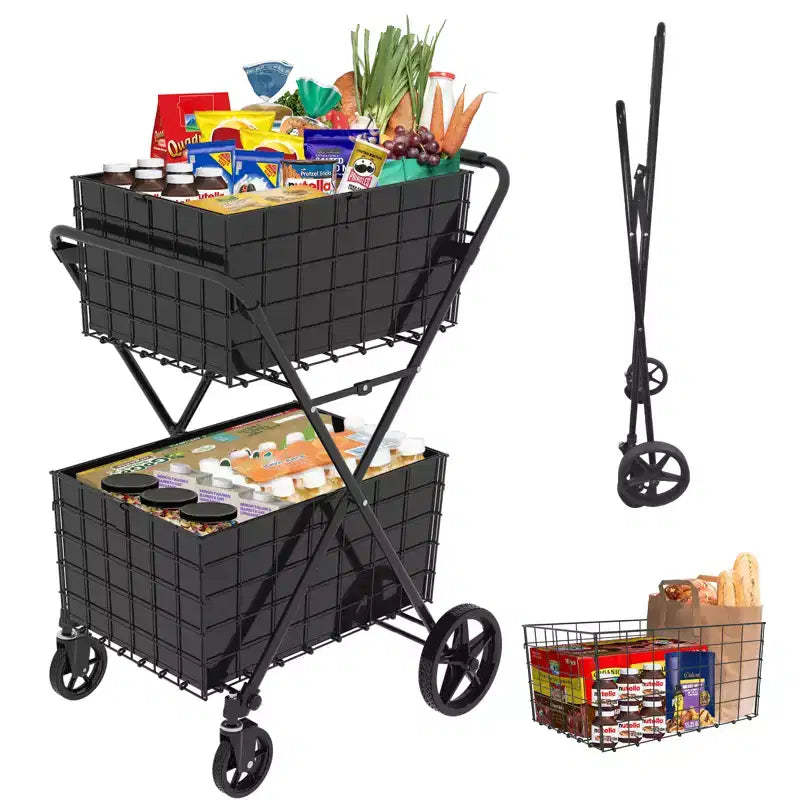 GDFStudio Salta 2-Tier Foldable Shopping Cart with Removable Baskets and 360 Swivel Wheels