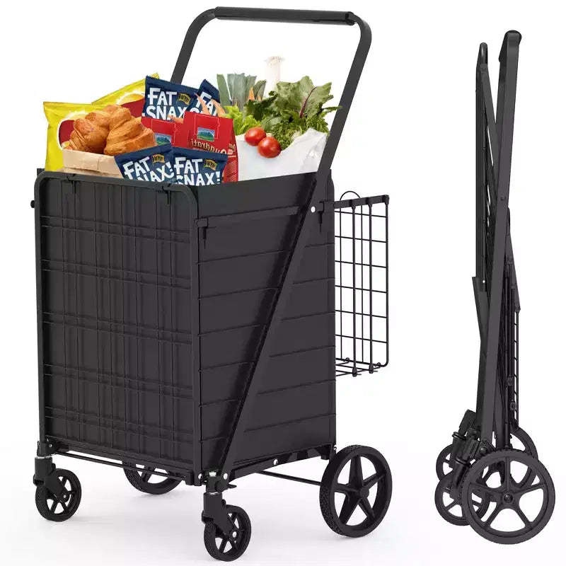 GDFStudio Salta Foldable Heavy-Duty Shopping Cart with Tall Handle, Dual Baskets and Waterproof Liner