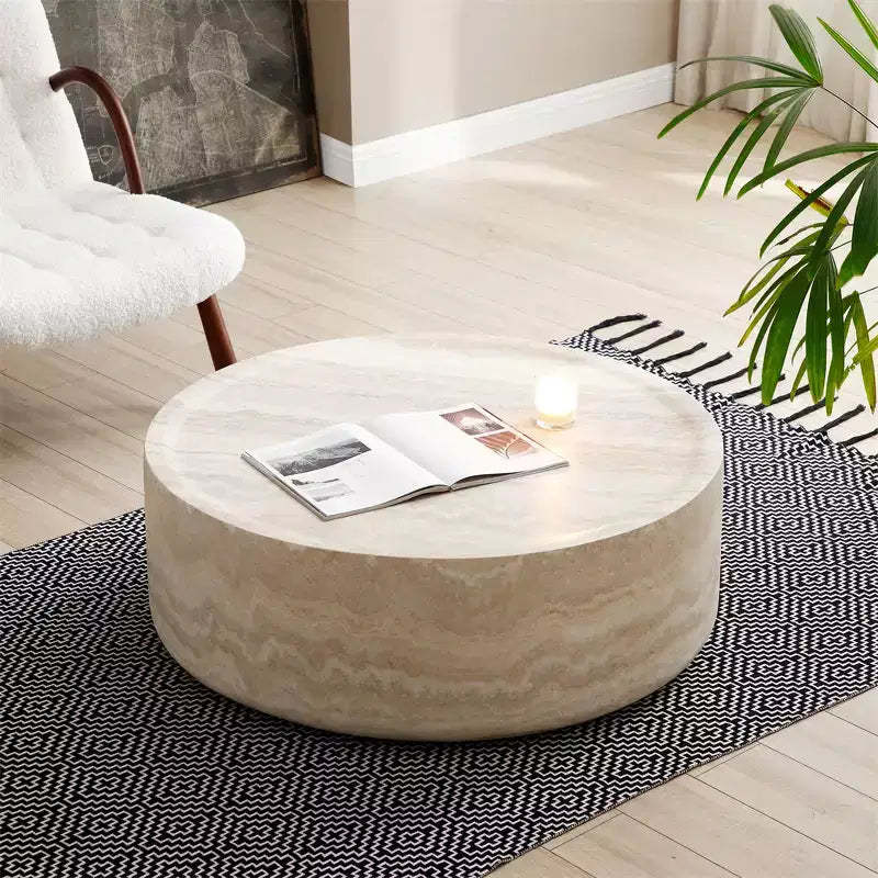 Round Fiberglass Drum Coffee Table, Modern Centerpiece, No Assembly Needed, for Living Room or Office