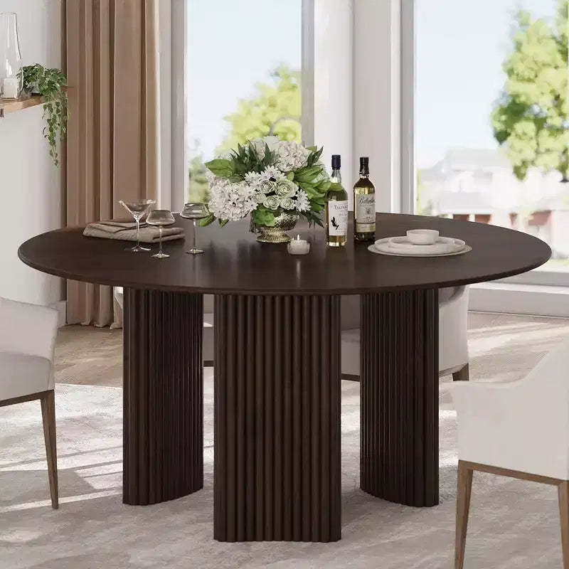 PexFix 60 Modern Round Dining Table with Striped Column Legs Solid Wood Kitchen Table Anti-Scratch Footpads for Dining Room & Kitchen Bar in Walnut