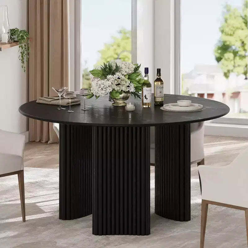 PexFix 52 Modern Round Dining Table with Striped Column Legs Solid Wood Kitchen Table Anti-Scratch Footpads for Dining Room & Kitchen Bar in Black