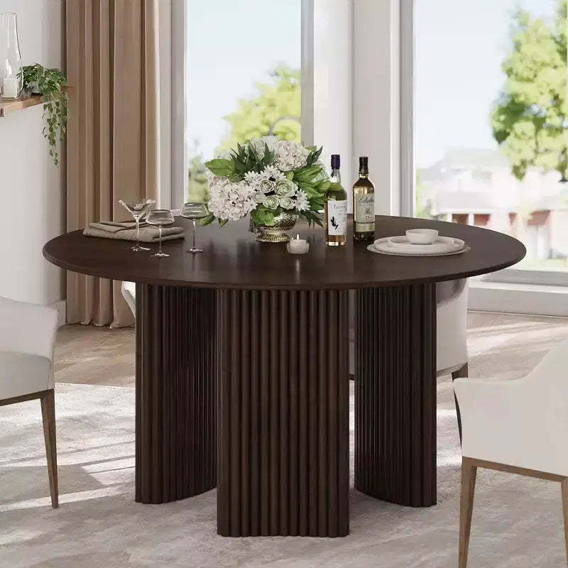 PexFix 52 Modern Round Dining Table with Striped Column Legs Solid Wood Kitchen Table Anti-Scratch Footpads for Dining Room & Kitchen Bar in Walnut