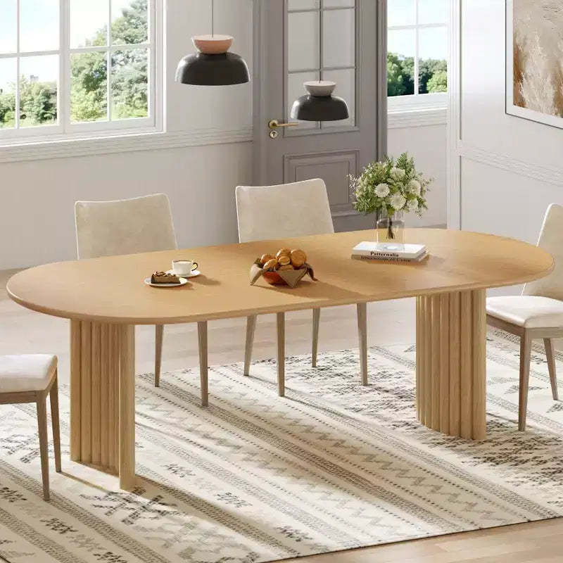 PexFix 79 Oval Dining Table for 6-8 with Arc-Shaped Edge Top and Stripes Base Modern Farmhouse Kitchen Table for Living Room Dining Room Natural
