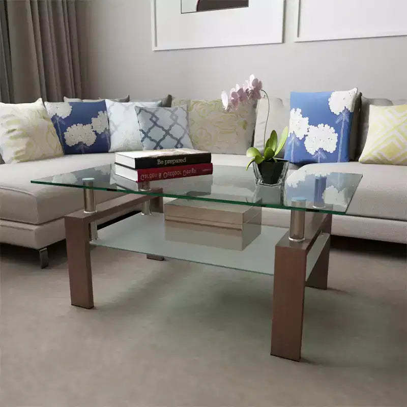 Modern Rectangular Glass Coffee Table with Lower Shelf, Living Room or Office Side Table