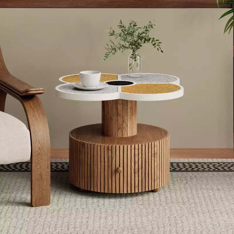 Christopher Knight Home Evelyn Modern Stone-Look Resin Four-Leaf Clover Accent Side Table with Wood Base and Storage Drawer